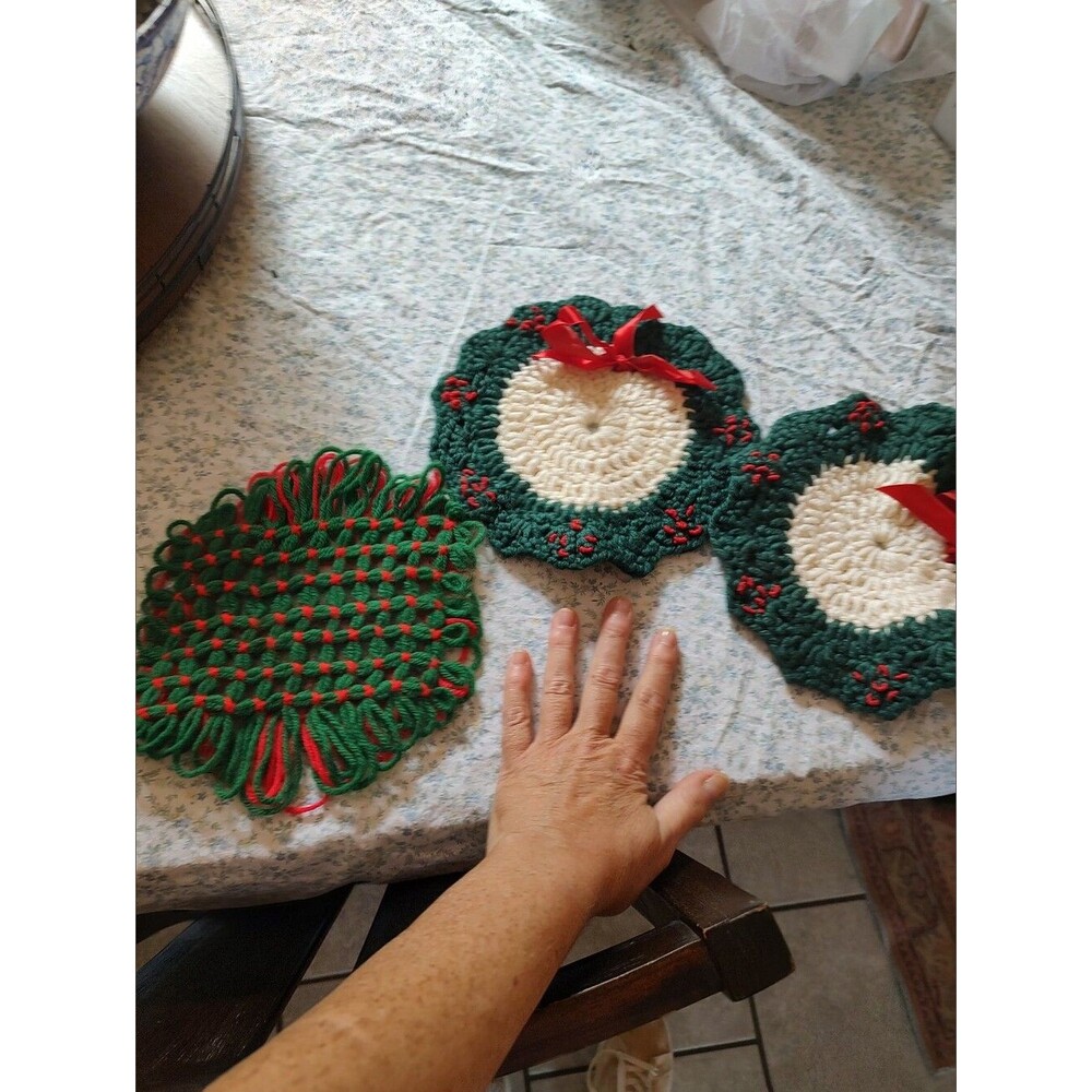 Handmade Green and White Crochet Kitschy Holiday Coasters Trivets - Home Accents